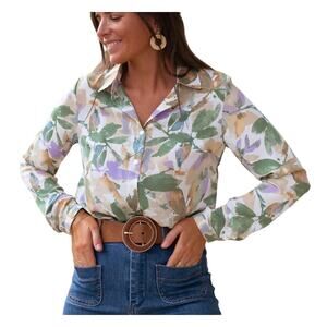 ENTRO Floral Long Sleeve Wrap Front Collared Bodysuit Moss Green Size Medium